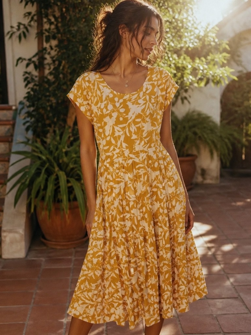 Women's Yellow Floral Midi Dress